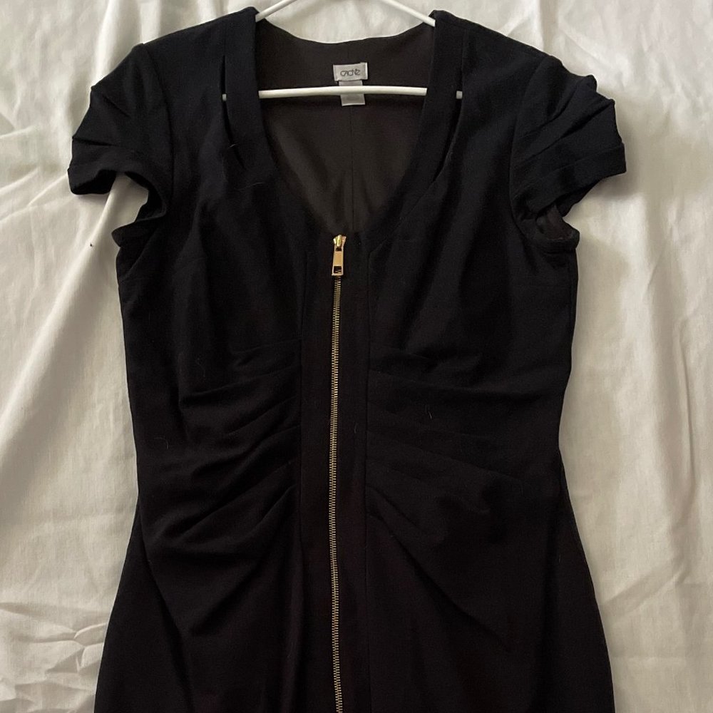 Cache Black Ruched Dress with Gold Two Way Zipper